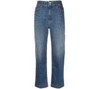 Love Moschino Cropped Slim fit 5-Pocket Trousers in super Stretch Blue Denim, Customized with Logo Heart Silver foil Print on Back Pocket. Light-medium wash.