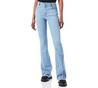 Love Moschino Flare fit 5-Pocket Trousers in Comfort Blue Denim with Organic Cotton, Customized with Back Tag in Recycled Apple Peel on Back Strap. Light wash and raw Cut hems.