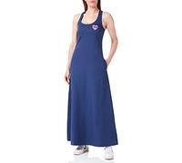 Love Moschino Long Dress with Crossed Shoulder Straps in Linen Blend Fancy Fluid Fabric, Customized with Heart Patch on Front.
