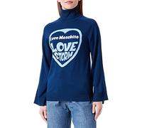Love Moschino Long Raglan Sleeved Turtleneck Pullover in Wool Blend, 12 Gauge, with Love Storm Heart Jacquard Intarsia on The Front.