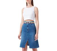 Love Moschino Longuette Skirt in Light Linen-Tencel Blend Denim with with Rainbow Elastic Belt and Rainbow Print. Medium-Dark wash.
