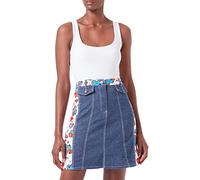 Love Moschino Miniskirt in Indigo Linen Blend Stretch Denim with Allover Hearts and Stars Printed Cotton Twill Panels.