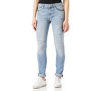 Love Moschino Skinny 5 Pocket Trousers in Stretch Blue Denim, medium-Dark wash, with Glitter Print on the Side Pocket.