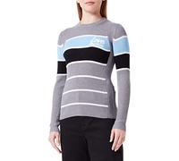Love Moschino Slim fit Long-Sleeved Roundneck Pullover in Ribbed Wool Blend, 7 Gauge, with Embroidery. Multicolour Striped Pattern.