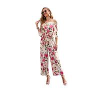 Love Welove Fashion Jumpsuits für Damen, Blumenmuster, schulterfrei, gerüscht, kurze Ärmel, hohe Taille, weites Bein, elegante Hose, Beige Blush Bloom, Large