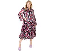 Lovedrobe Damen Midi Dress Plus Size Women Flower Pattern with Collar Long Sleeve Ruffle V Neckline Slit for Summer Office Kleid, Black, 50