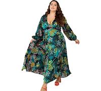Lovedrobe Damen Sommerkleid Plus Curve V Ausschnitt Bishop Ärmel Midi Länge Fliege Langarm A Linie Abendkleid Tropical Kleid, Tropisches Muster, 46
