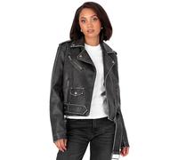Lovedrobe Women's Biker Jacket Ladies Faux Leather Motorcycle Long Sleeve Distressed Asymmetric Zip Stud Belt Pocket Casual Coat, Schwarz 42