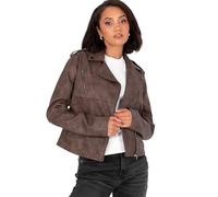 Lovedrobe Women's Biker Jacket Ladies Soft Faux Leather PU Studded Collar Distressed Long Sleeve Zip Pockets Casual Coat, Braun 44
