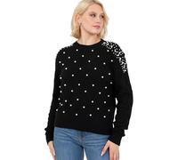 Lovedrobe Women's Crew Neck Jumper Ladies Cable Knit Long Sleeve Sweater Pearl Embellished Pullover Smart Casual Knitwear, Schwarz 36-38