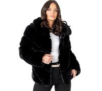 Lovedrobe Women's Faux Fur Coat Ladies Jacket Long Sleeve Collared Faux Leather Side Pockets Autumn Winter Outerwear, Schwarz 40