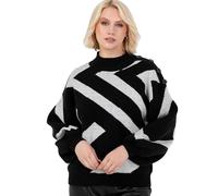 Lovedrobe Women's Jumper Ladies High Neck Long Balloon Sleeve Sweater Geometric Jacquard Button Detail Casual Knitwear Pullover, Schwarz 52-54