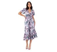 Lovedrobe Women's Ladies Midi Dress V-Neck Short Puff Sleeve Wrap Shirred Waist Floral Print Ruffle Fit and Flare Wedding Guest, Lila 36