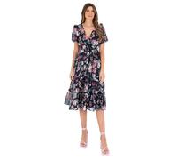Lovedrobe Women's Ladies Midi Dress V-Neck Short Puff Sleeve Wrap Shirred Waist Floral Print Ruffle Fit and Flare Wedding Guest Schwarz 40
