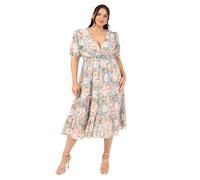 Lovedrobe Women's Ladies Midi Dress V-Neck Short Puff Sleeve Wrap Shirred Waist Floral Print Ruffle Fit and Flare Wedding Guest Apricot 38