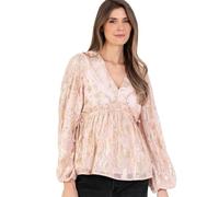 Lovedrobe Women's Ladies Peplum Top Long Sleeve V-Neckline Gold Foiled Floral Jacquard Gathered Waist Ruffle Frill Blouse Hellrosa 46