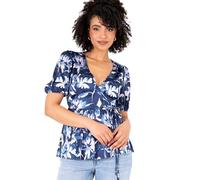Lovedrobe Women's Ladies Wrap Top Short Puff Sleeve V-Neck Floral Print Peplum Satin Blouse Smart Casual Office Wear Marineblau 50