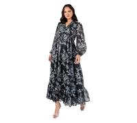 Lovedrobe Women's Maxi Dress Ladies V-Neck Long Balloon Sleeve Floral Print Ruffle Frill Keyhole Back A-line Evening Occasion, Schwarz 46