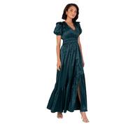 Lovedrobe Women's Maxi Dress Ladies V-Neck Short Sleeve Wrap Open Back Bow Detail Elasticated Waist Slit Satin A-line Occasion, Grun 50