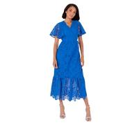 Lovedrobe Women's Midaxi Dress Ladies V-Neck Angel Sleeve A-line Floral Print Ruffle Tiered Hem Wedding Guest Evening Occasion, Blau 46