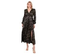 Lovedrobe Women's Midaxi Dress Ladies Wrap V-Neck Long Bishop Sleeve Satin Gold Fleck Side Tie Belt Split A-line Wedding Guest, Schwarz 54