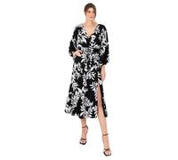 Lovedrobe Women's Midi Dress Ladies V-Neck Long Balloon Sleeve Faux-Wrap Thigh Split Shirred Waist Tassel Belt A-line Smart Casual Monochrome 40