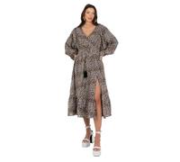 Lovedrobe Women's Midi Dress Ladies V-Neck Long Balloon Sleeve Faux-Wrap Thigh Split Shirred Waist Tassel Belt A-line Smart Casual, Beige, 20