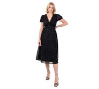 Lovedrobe Women's Midi Dress Ladies V-Neck Short Puff Sleeve Glitter Chiffon Lace Trim Side Split Shirred Back Party Evening, Schwarz 44