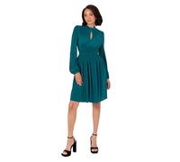 Lovedrobe Women's Mini Dress Ladies Long Balloon Sleeve High Neck Keyhole Detail Fit and Flare Plissé Cocktail Evening Occasion, Blaugrün 48