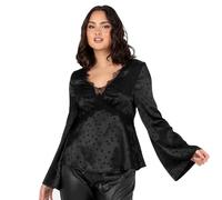 Lovedrobe Women's Satin Top Ladies Blouse Long Bell Sleeve V-Neck Peplum Polka Dot Print Lace Trim Smart Casual Office Wear Party, Schwarz 44