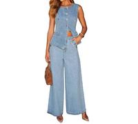 loveimgs 2-teiliges Denim-Set für Damen, mit Knöpfen, ärmellos, Jeans-Top, Y2K-Hemd, weites Bein, Jeans, Palazzo-Hose, Outfits, Blau, XS