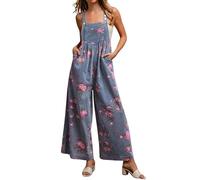loveimgs Damen-Overall, ärmellos, Blumenmuster, Jeans, weites Bein, Denim-Overall, fließend, lang, Tank-Strampler, Pullover, Y2K, Blumen-Patchwork, Blau, Medium