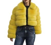 loveimgs Flauschiger Kunstfellmantel für Damen, Cropped-Jacke, Pufferjacke, Reißverschluss, Winter, warm, flauschig, Teddyjacke, gelb, M