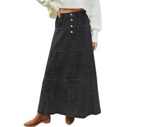 loveimgs Lässiger Denim-Maxirock für Damen, elastisch, hohe Taille, gestuft, A-Linie, Langer Jeansrock, Y2K, Western-Patchwork, 2025, Schwarz, X-Groß