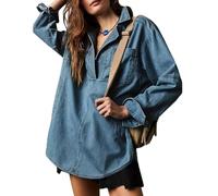 loveimgs Lässiger Langarm-Denim-Pullover für Damen, Jeanshemd, V-Ausschnitt, übergroßes Denim-Shirt, Kapuzen-Sweatshirt, Dunkelblau, X-Groß