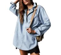 loveimgs Lässiger Langarm-Denim-Pullover für Damen, Jeanshemd, V-Ausschnitt, übergroßes Denim-Shirt, Kapuzen-Sweatshirt, Hell, blau, XXL