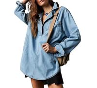 loveimgs Lässiger Langarm-Denim-Pullover für Damen, Jeanshemd, V-Ausschnitt, übergroßes Denim-Shirt, Kapuzen-Sweatshirt, Blau, X-Groß