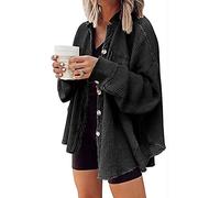 loveimgs Oversized-Hemd in Waffelstrick für Damen, Kord-Shacket für den Herbst, Langarm-Shirt mit Knopfleiste, Jacke, Schwarz, XXL