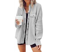 loveimgs Oversized-Hemd in Waffelstrick für Damen, Kord-Shacket für den Herbst, Langarm-Shirt mit Knopfleiste, Jacke, Hellgrau, XS