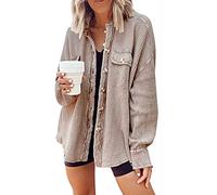 loveimgs Oversized-Hemd in Waffelstrick für Damen, Kord-Shacket für den Herbst, Langarm-Shirt mit Knopfleiste, Jacke, Khaki, XS