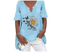 LoveLeiter Damen T-Shirt Schmetterling und Blumen Drucken tunika Retro mode kurzarm Oberteile aus Baumwolle und Leinen Sommer Bluse Lockere Mantel V-Ausschnitt Lässig Bluse Classic Hemdbluse