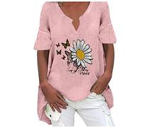LoveLeiter Damen T-Shirt Schmetterling und Blumen Drucken tunika Retro mode kurzarm Oberteile aus Baumwolle und Leinen Sommer Bluse Lockere Mantel V-Ausschnitt Lässig Bluse Classic Hemdbluse