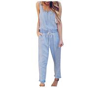 LoveLeiter Playsuit Damen Sommer Einfarbig Denim Playsuit V- Ausschnitt Overalls Ärmellos Locker Strampler mode Spielanzug Rückenfrei Elegant Einteiler Ärmellos Locker Bootleg-HoseR Rompers
