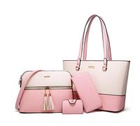 Lovematch Damen-Handtaschen-Set, Kunstleder, Tragetasche, Schultertasche, Tragetasche, Tragegriff, Geldbörse, Geldbörse, 4-teilig, Pink/Beige, Large