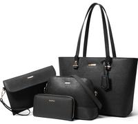 Lovematch Frauen Mode Kunstleder Handtaschen Tote Tasche Schultertasche Top Griff Satchel Geldbörse Set 4pcs, Schwarz, Large