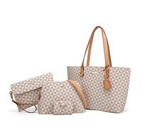 Lovematch Modische Damen-Handtaschen aus Kunstleder, Tragetasche, Schultertasche, Tragegriff oben, 4-teiliges Set, Beige-Gitter-A