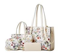 Lovematch Modische Damen-Handtaschen aus Kunstleder, Tragetasche, Schultertasche, Tragegriff oben, 4-teiliges Set, Beige-Blume-B, Large