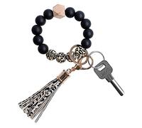 Lovyi Silikon-Schlüsselring-Armband, Frauen Perlenarmreif Handgelenk-Schlüsselanhänger Leder Quaste Silikon Perlen Schlüsselanhänger Armband - Schwarz - Large
