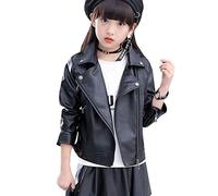 LPATTERN Kinder Mädchen Lederjacke Frühling Herbst Leder Übergangsjacke Motorrad Biker Style Lederjacke in Einfarbig, Schwarz, 134/140