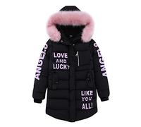 LPATTERN Kinder Mädchen Winterjacke Parka Mantel Baumwolle-gefüllte Steppjacke Winter Kleidung Outfit mit abnehmbar Fellkapuze- Buchstabe Motiv, Schwarz, 152-158